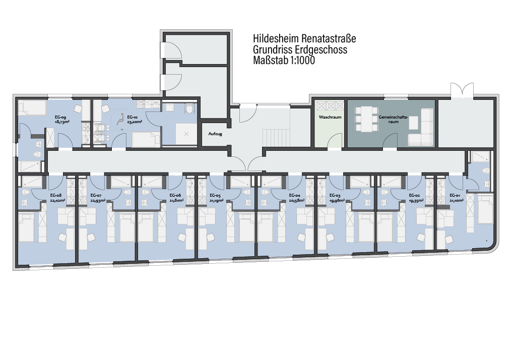 Grundriss des Erdgeschosses eines Gebäudes mit der Bezeichnung „Hildesheim Renatastraße Grundriss Erdgeschoss“. Räume, die als „Einzel-Appartement“ bezeichnet sind, reihen sich zu beiden Seiten eines Flurs aneinander. Hauswirtschafts- und Gemeinschaftsräume befinden sich auf der rechten Seite.